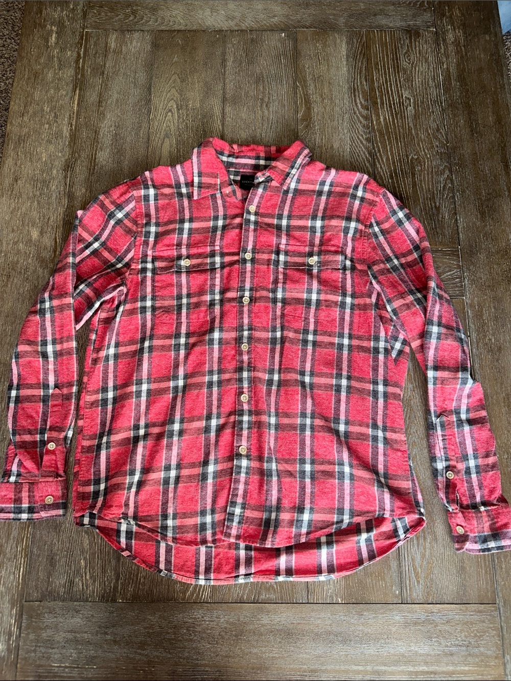 Lucky Brand Red Plaid Flannel Button-Up Shirt Men’s XL 100% Cotton Long Sleeve